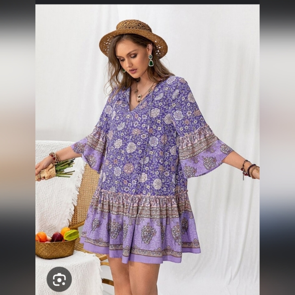 Dress Rusty Dusty Floral Flower Power 3/4 sleeves Boho Hippie Mini Sz 1XL